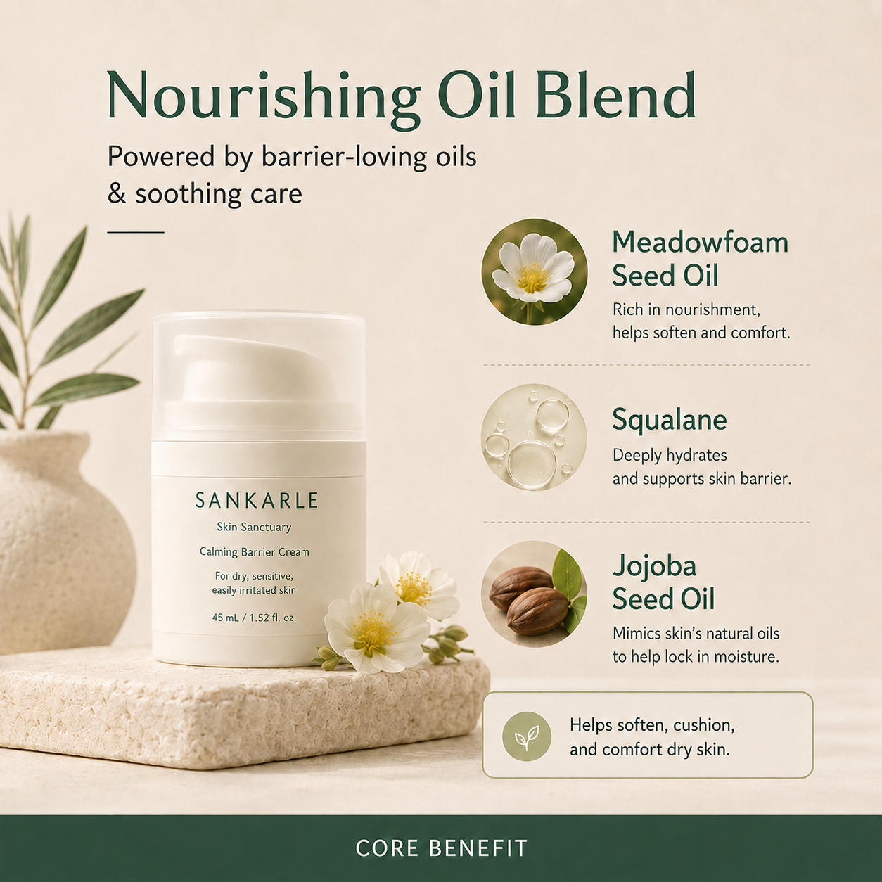 Nourishing oil blend with meadowfoam seed oil squalane and jojoba seed oil