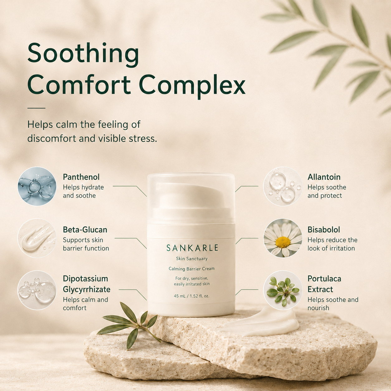 Soothing comfort complex with panthenol beta-glucan allantoin bisabolol and portulaca extract