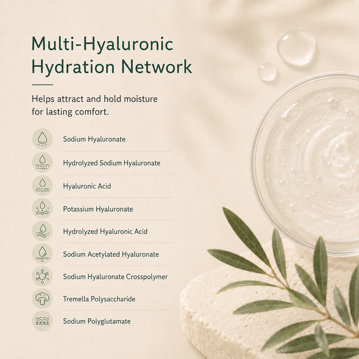 Multi-hyaluronic hydration network for lasting skin moisture