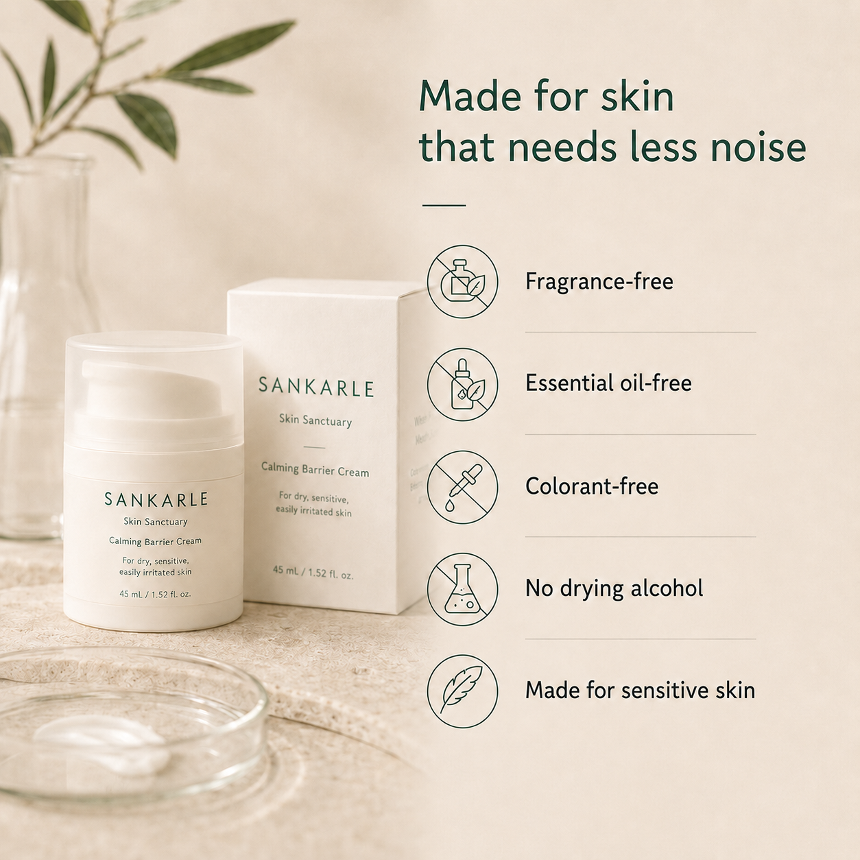 Fragrance-free essential oil-free colorant-free sensitive skin cream